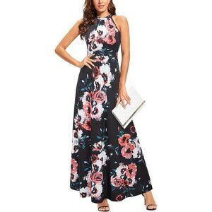 🆕Women  Orange Polyester Floral Halter Neck Maxi Dress Wedding Beach Party 2025